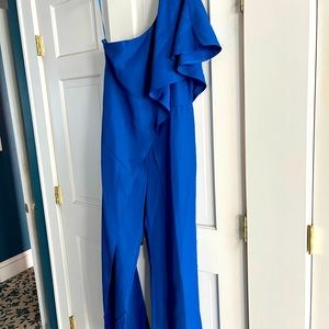 On shoulder royal blue jumpsuit